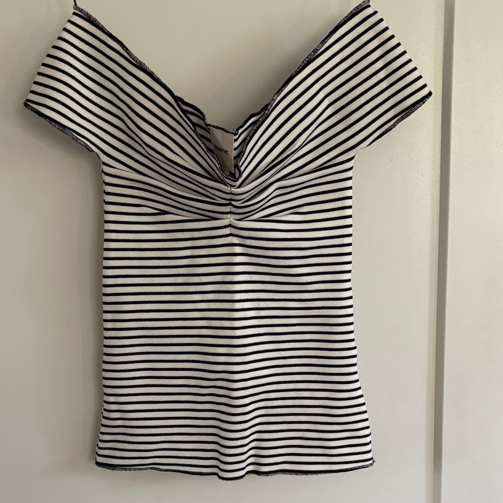 Maeve Black and White Striped Off-Shoulder Blouse